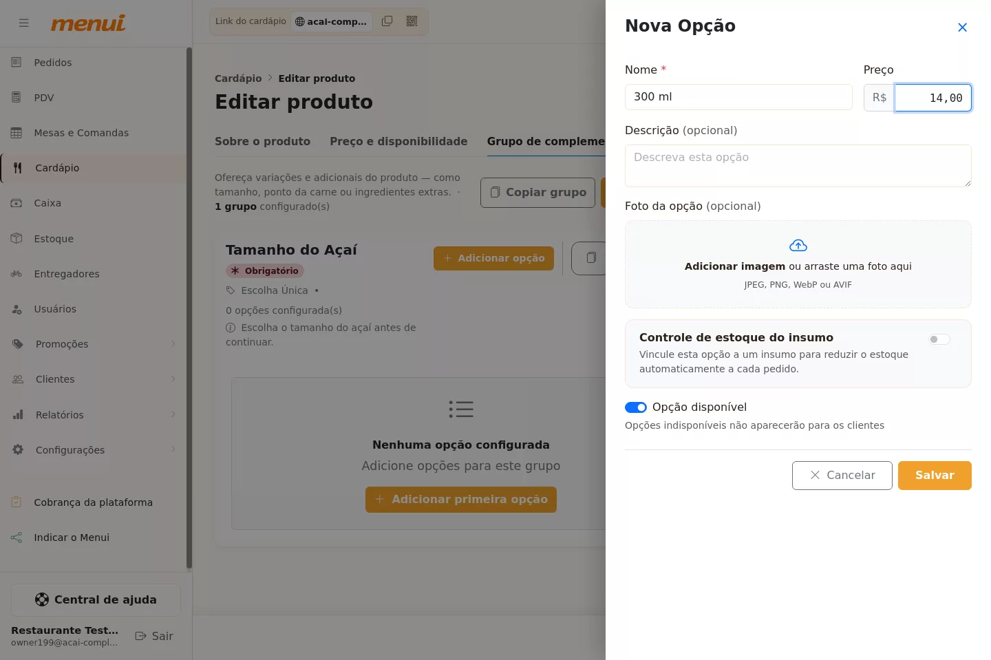 Cadastro da opção de tamanho do Açaí no Menui