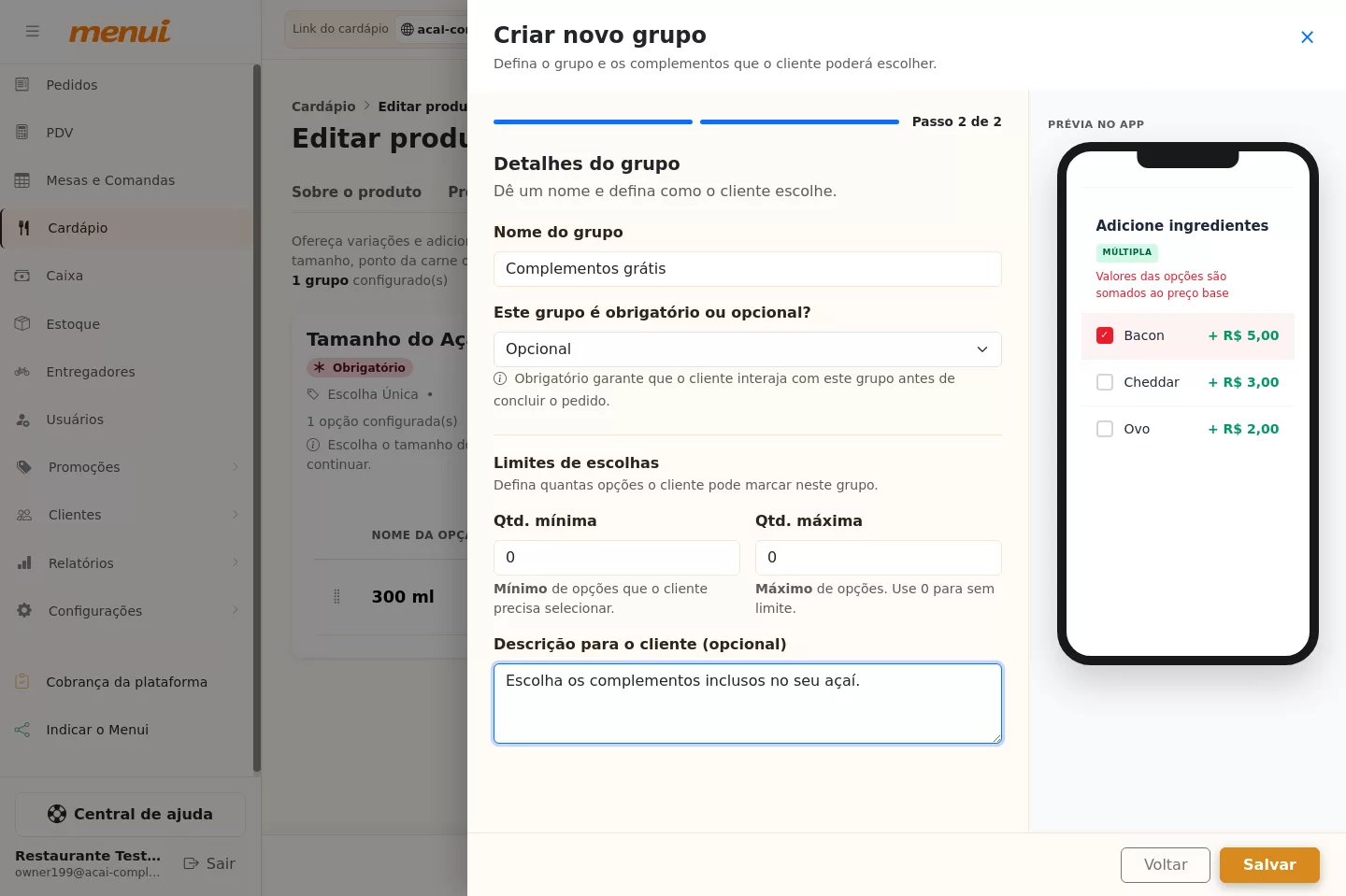 Configuração do grupo de complementos grátis do Açaí no Menui