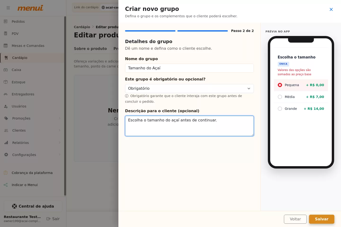 Configuração do grupo de tamanho do Açaí no Menui