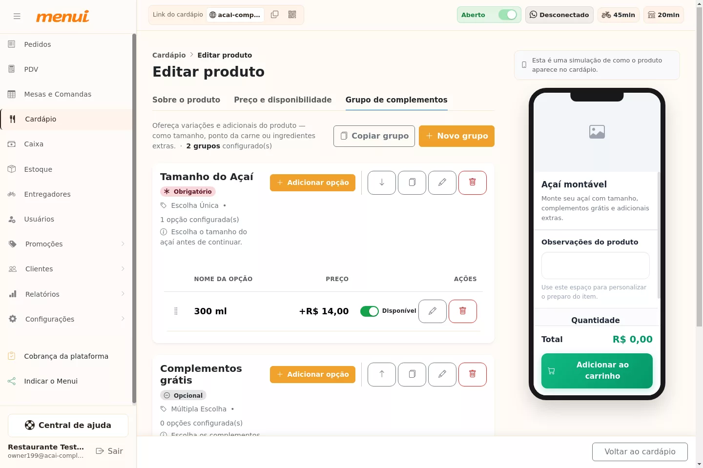 Grupo de complementos grátis já criado no Menui