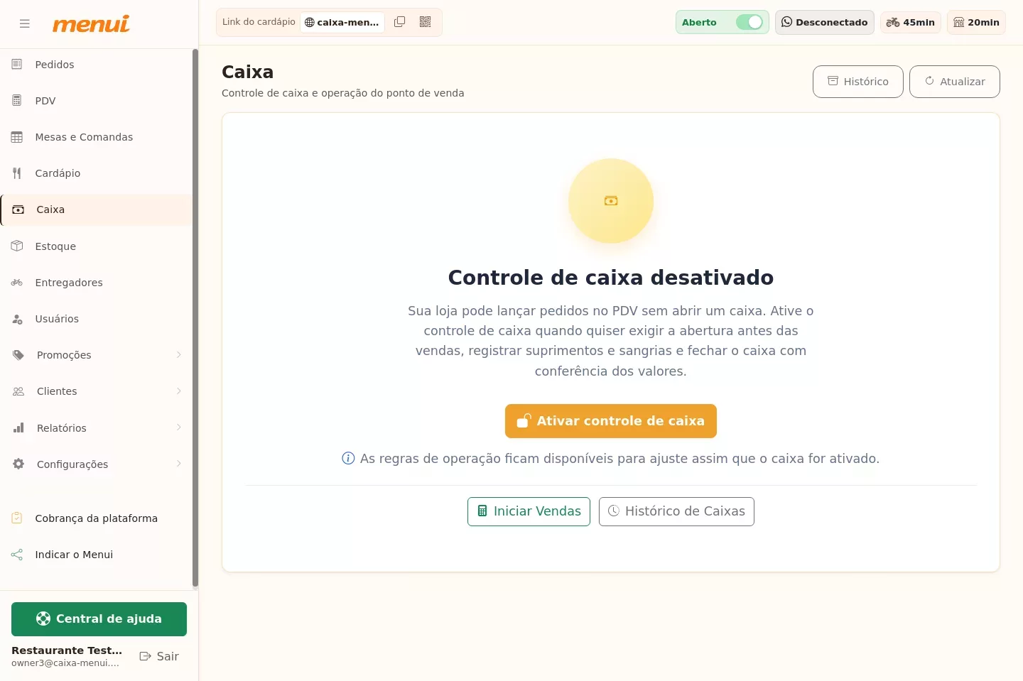Tela de ativação do controle de caixa no Menui