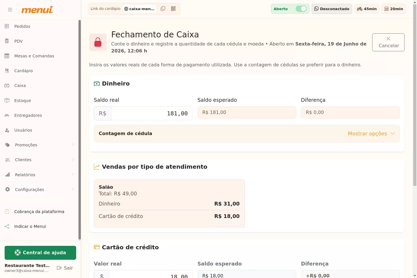 Tela de fechamento do caixa no Menui