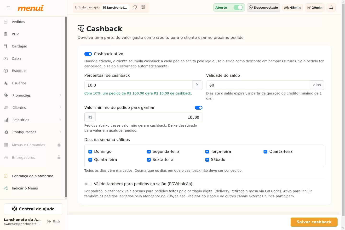 Tela de configuração do cashback