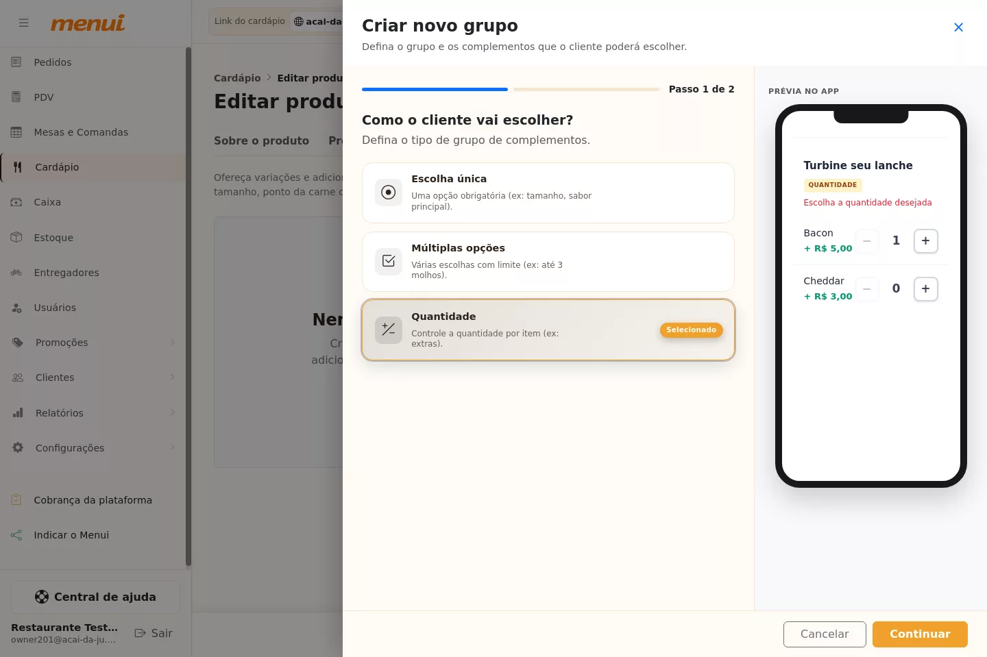 Primeira etapa do modal de grupo de complementos do Açaí no Menui