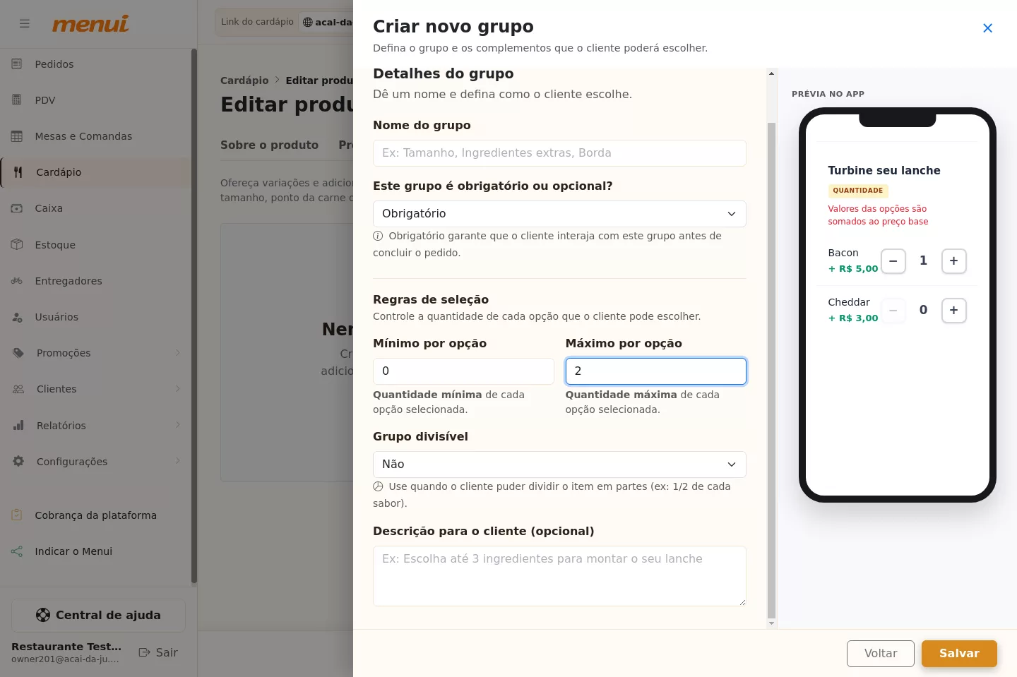 Regras de seleção do grupo de adicionais do Açaí no Menui