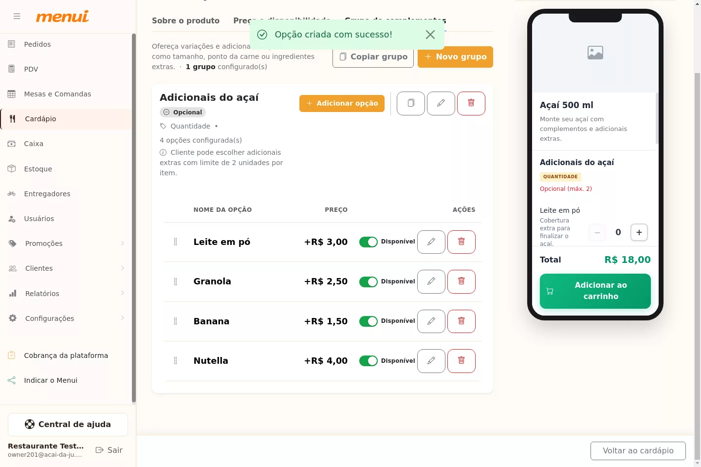 Grupo de adicionais do Açaí já configurado no Menui