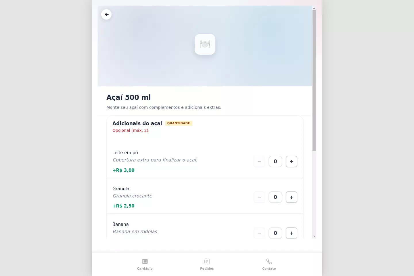 Seleção de adicionais do Açaí no cardápio digital do Menui