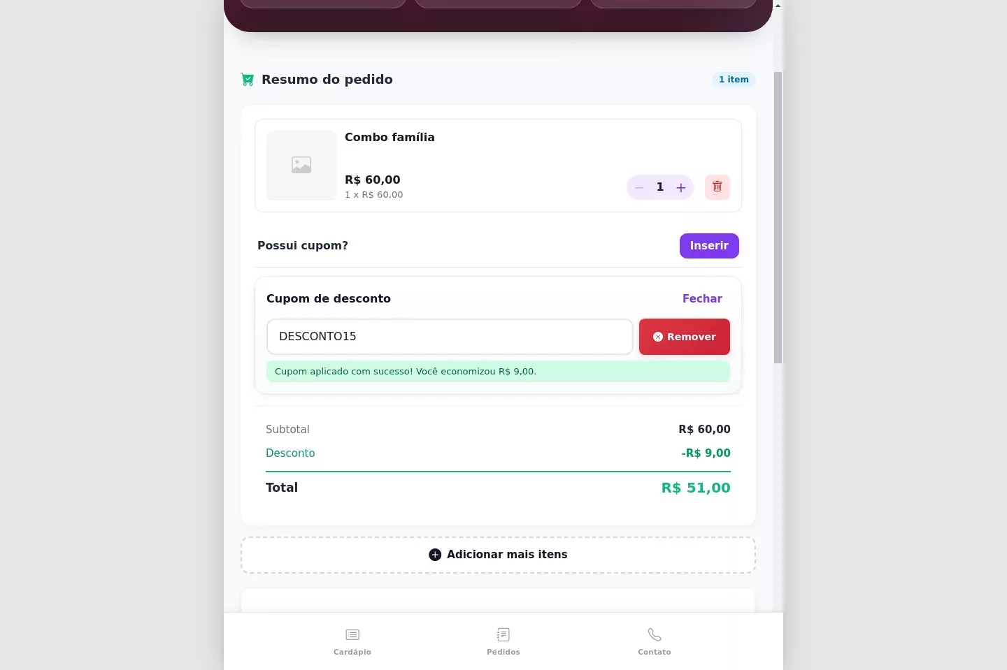 Cupom aplicado no checkout do Menui
