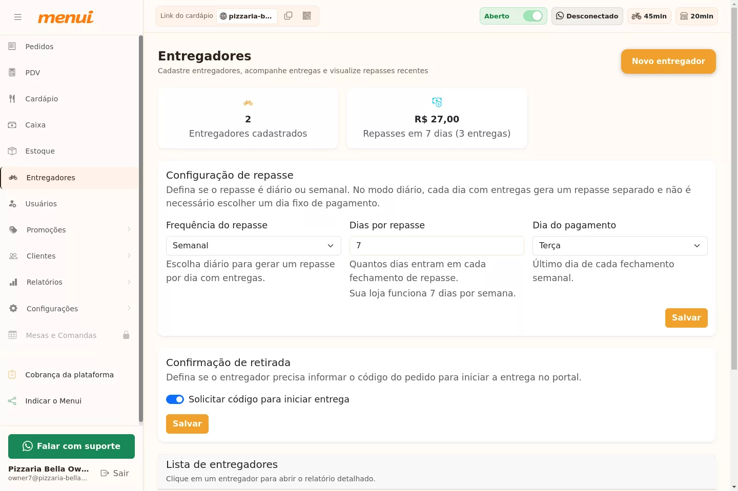 Lista de entregadores e configurações