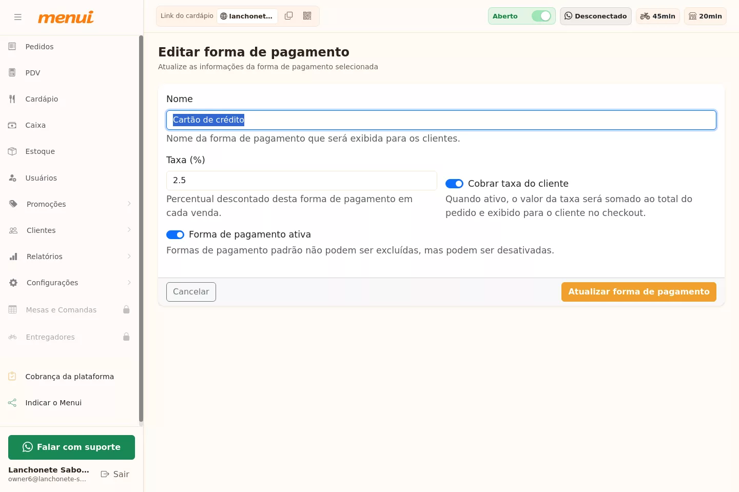 Configuração de taxa da forma de pagamento