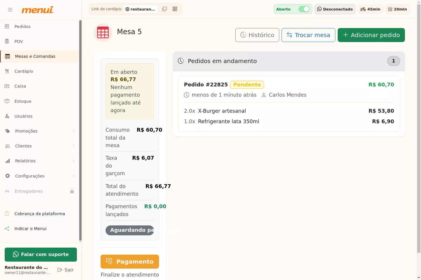 Detalhe da mesa com pedidos e consumo total