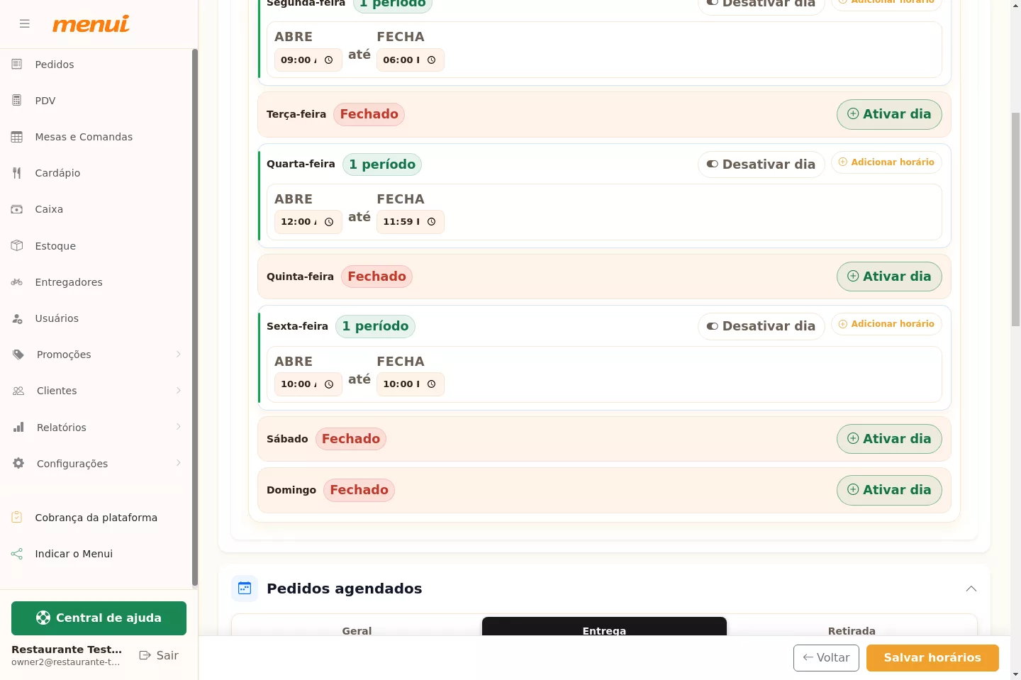 Configuração de horários agendados por tipo no Menui
