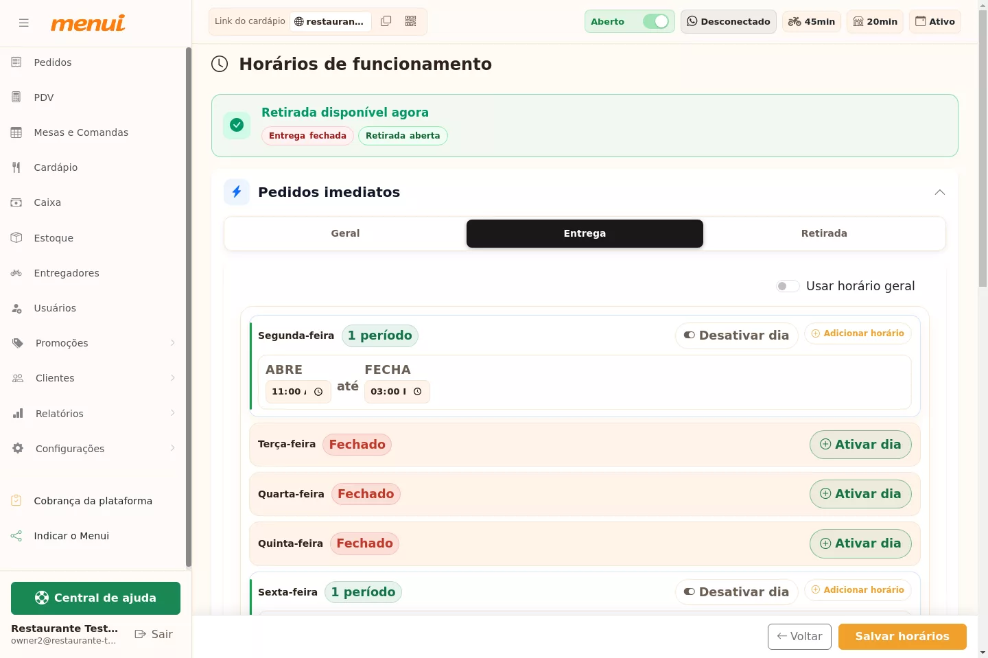 Horários por tipo de atendimento no Menui