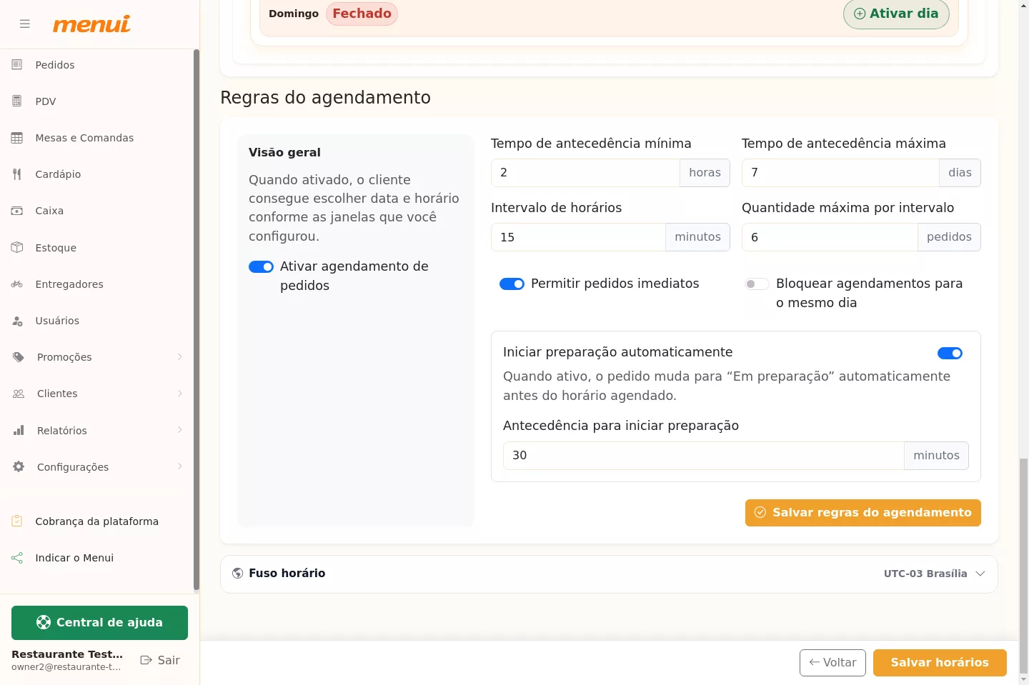 Regras do agendamento no Menui