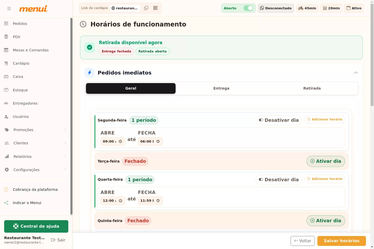 Visão geral da tela de horários de funcionamento no Menui