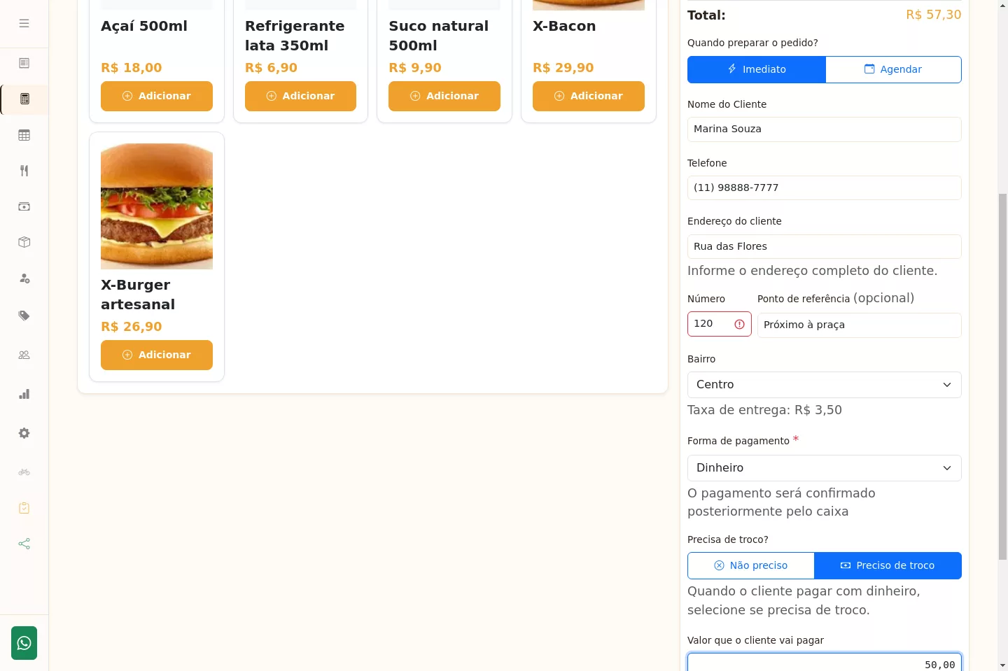 Pedido de delivery preenchido no PDV