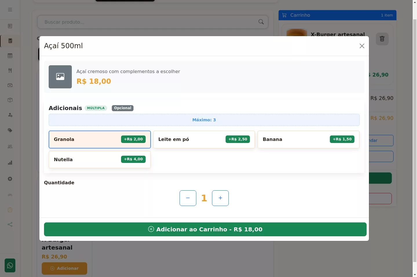 Janela de complementos do produto no PDV