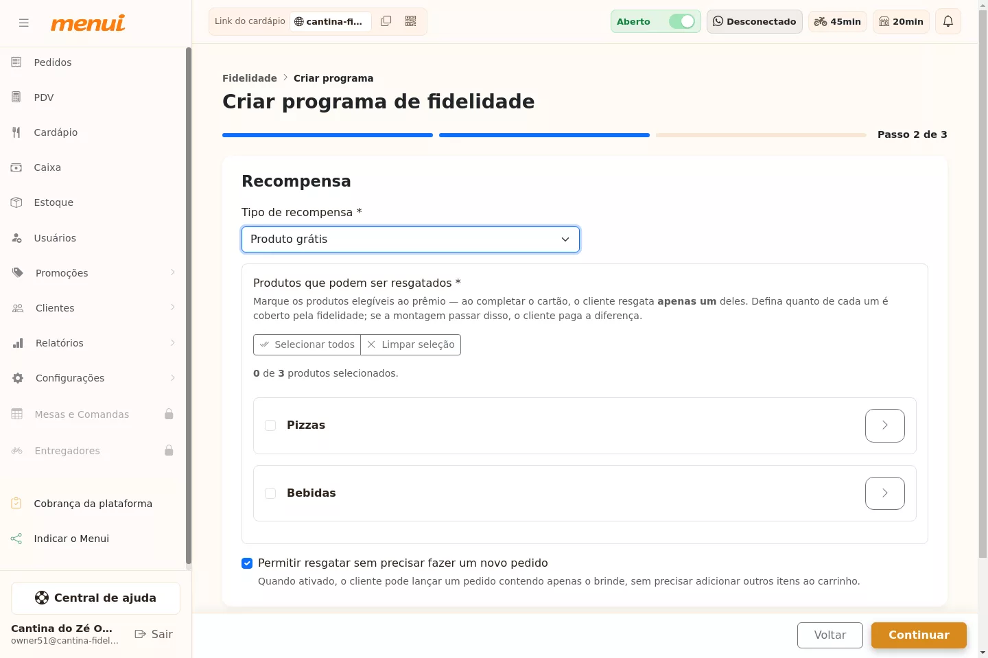 Configuração da recompensa do programa de fidelidade