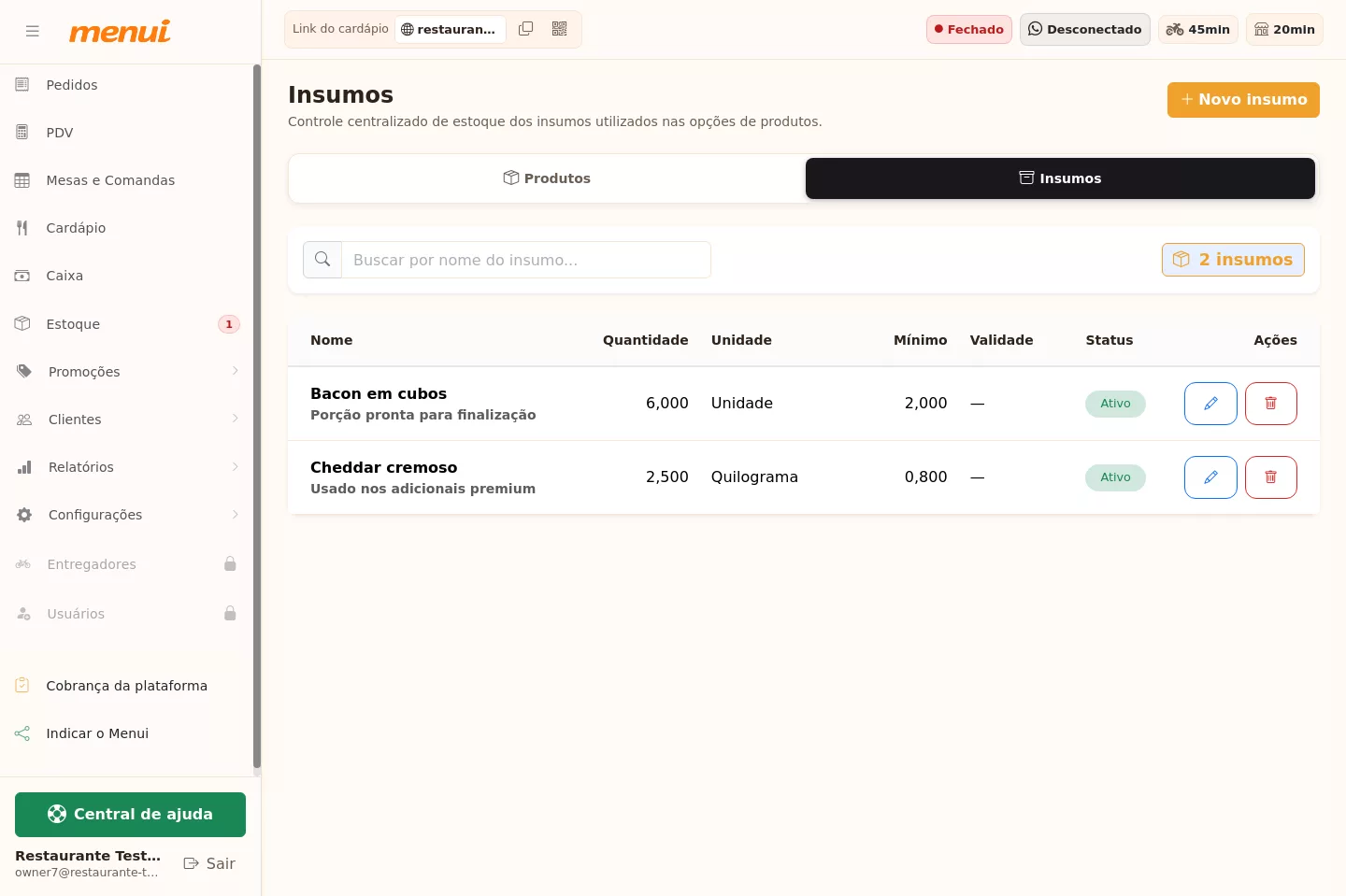 Lista de insumos cadastrados