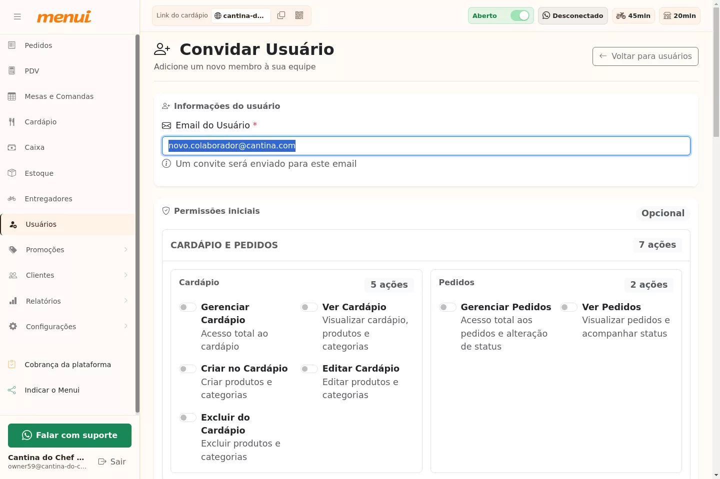 Formulário de convite de usuário